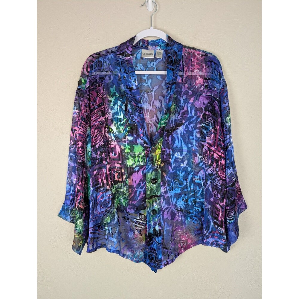 Chico’s Top Size 3 XL Rayon Silk Burnout Button Front Sheer Wide Kimono Sleeves